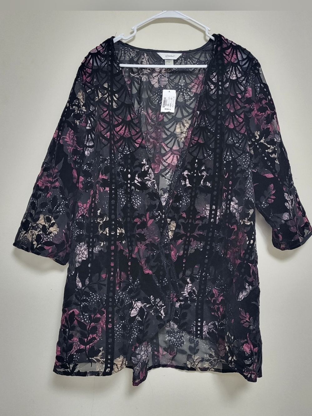 NEW CJ Banks Black Purple Floral Velvet Burnout Kimono Jacket Size 2X Whimsigoth